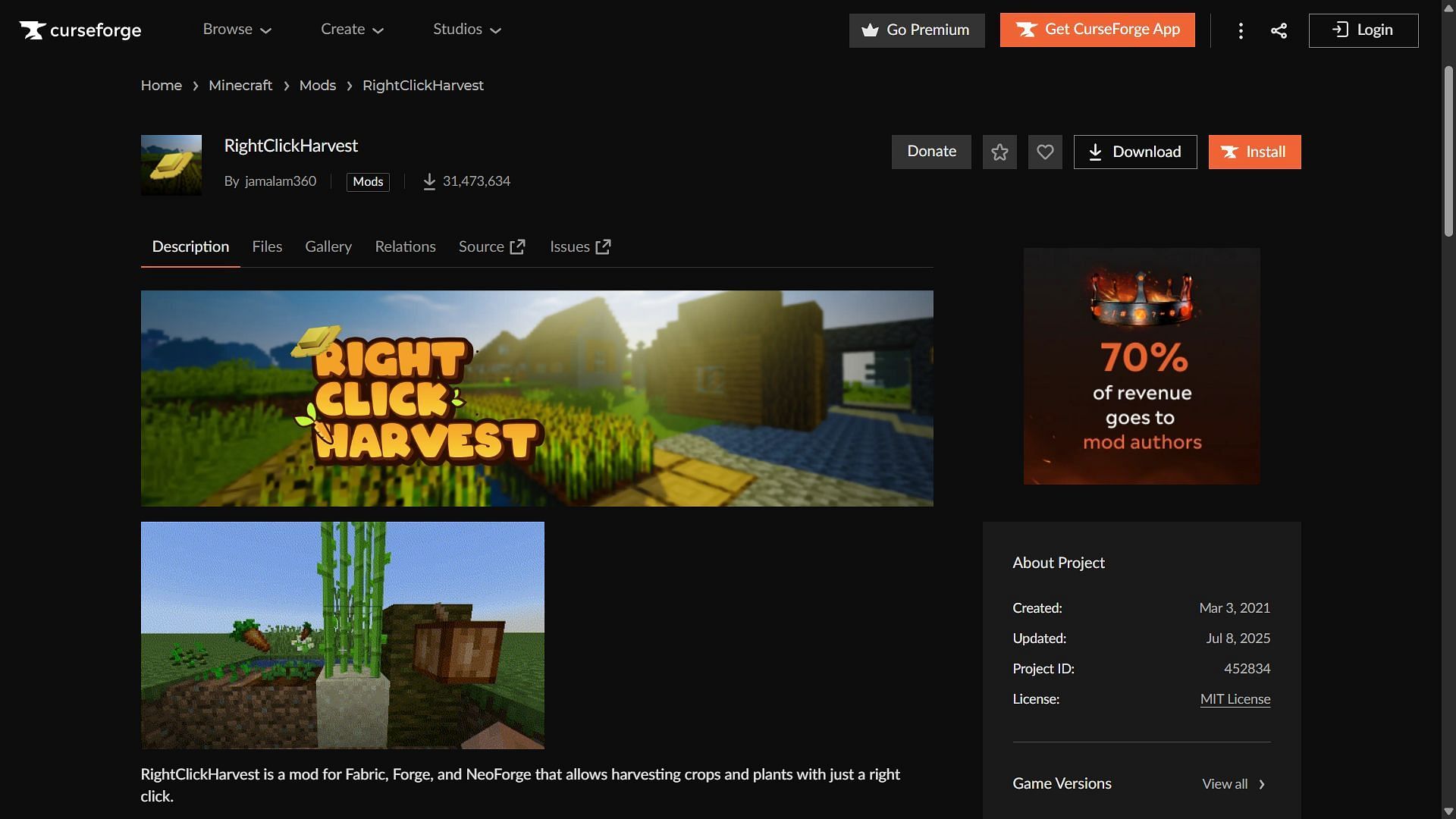 RightClickHarvest can be downloaded from the CurseForge website (Image via CurseForge/Jamalam360)